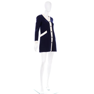 1960s Valentino Navy Blue Wool Vintage Dress w/ White Trim