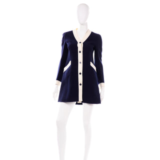 1960s Valentino Navy Blue Wool Vintage Dress w/ White Trim