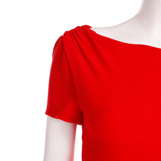 2000s Valentino Red Silk Crepe Draped Asymmetrical Sleeve  Designer Dress