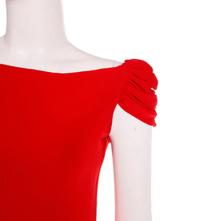 2000s Valentino Red Silk Crepe Draped Asymmetrical Sleeve Evening Dress Unique