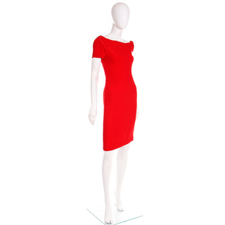 2000s Valentino Red Silk Crepe Draped Asymmetrical Sleeve Evening Dress S/M