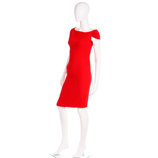 2000s Valentino Red Silk Crepe Draped Asymmetrical Sleeve Dress