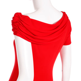 2000s Valentino Red Silk Crepe Draped Asymmetrical Sleeve Evening Dress Valentino Garavani