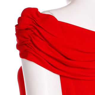 2000s Valentino Red Silk Crepe Draped Asymmetrical Sleeve Evening Dress Garavani