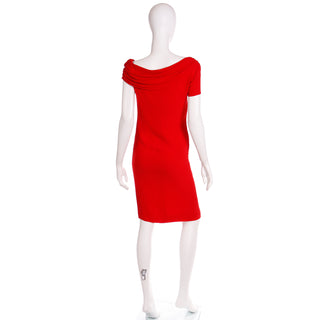 2000s Valentino Vintage Red Silk Crepe Draped Asymmetrical Sleeve Evening Dress