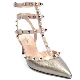 Gold Valentino Rockstud Cage Ankle Strap Buckle Shoes With Heels Triple ankle strap
