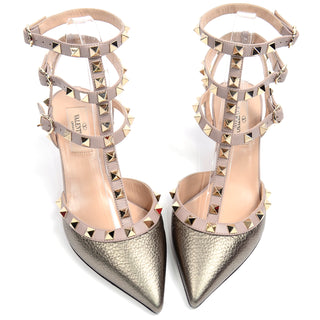 Gold Valentino Rockstud Cage Ankle Strap Buckle Shoes With Heels 6.5