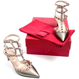 Gold Valentino Rockstud Cage Ankle Strap Buckle Shoes With Heels in box