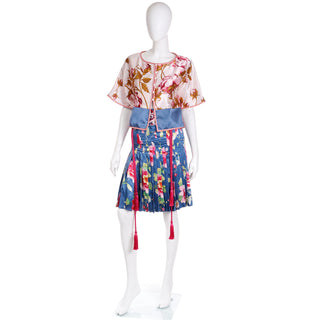 2006 Valentino Blue & Pink Floral Silk Skirt Outfit w Beaded Belt