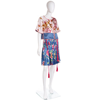 2006 Valentino Blue & Pink Floral Silk Runway Outfit w Beaded Belt