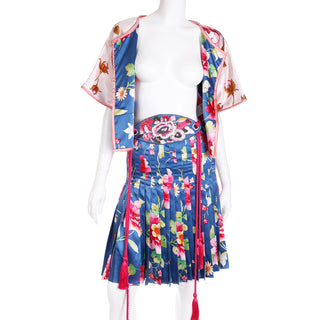 Authentic 2006 Valentino Blue & Pink Floral Silk Outfit w Beaded Belt