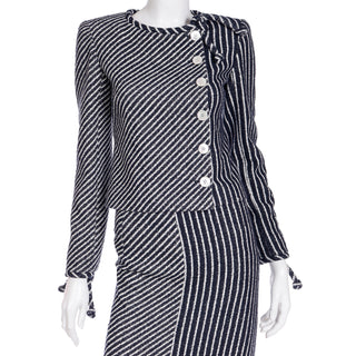2000s Valentino Navy Blue and White Striped Summer Outfit Jacket & Skirt Suit 