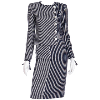 2000s Valentino Navy Blue and White Stripe Summer Jacket & Skirt Suit Deadstock