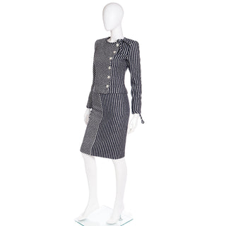 2000s Valentino Navy Blue and White Stripe Summer Jacket & Skirt Suit Ensemble