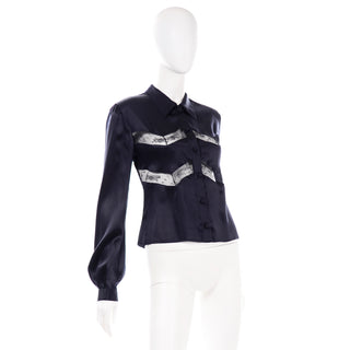 Valentino Black Silk Blouse with Sheer Lace Inserts