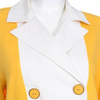 1980s Valentino Yellow & White Sweater Top With Collar and Buttons