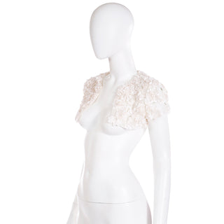 Valentino White Floral Silk Applique Cropped Shrug Bolero Jacket 2000s