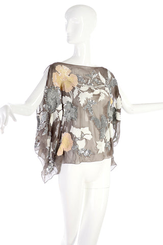 Valentino silver taupe sheer silk top with peach white sequins