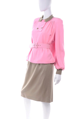 F/W 1984 Valentino Pink & Khaki Skirt & Top Suit