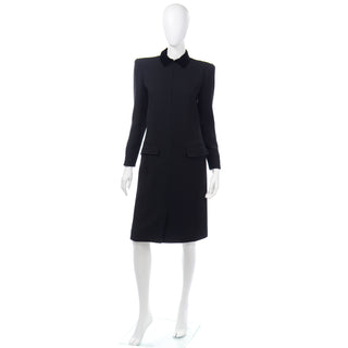 1980s Valentino Boutique Vintage Black Ribbed Dress w Velvet Collar size 8