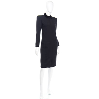 1980s Valentino Boutique Vintage Black Ribbed Dress w Velvet Collar 8