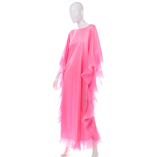 1970s Vanity Fair Pink House Dress w/ Pleated Ruffle Chiffon Trim