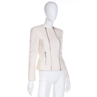 2000s Gianni Versace Winter White Boucle Double Zip Jacket w branded zipper pulls