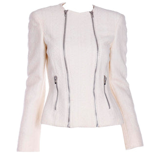 2000s Gianni Versace Winter White Boucle Double Zipper Jacket 