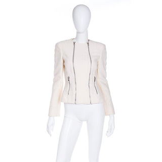2000s Gianni Versace Winter White Boucle Double Zip Jacket Donatella 