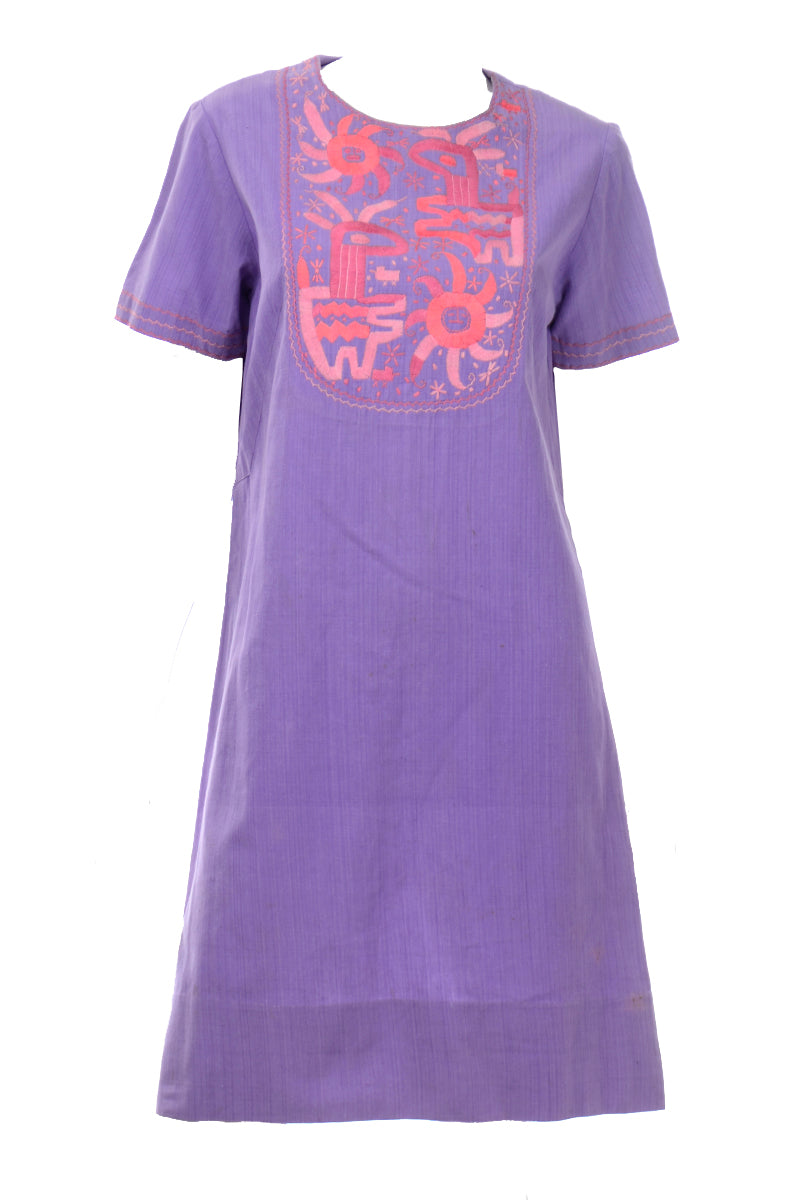 1960s Vicki Purple Cotton Embroidered Mexican Dress Modig 1960s Vicki Purple Cotton Embroidered Mexican Dress Modig