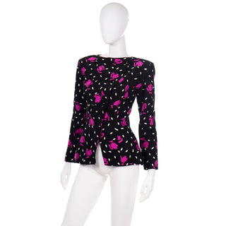 1980s Vicky Tiel Couture Abstract Navy & Pink Floral Silk Vintage Jacket Top size M