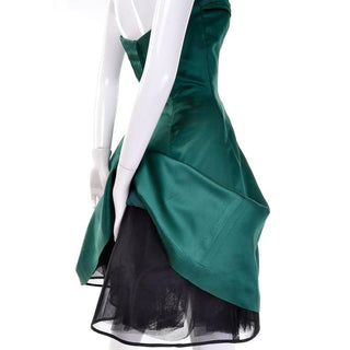 Full Skirt strapless green satin holiday dress