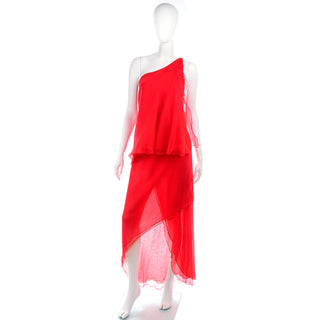 70s Victor Costa Red Chiffon One Shoulder Vintage Dress
