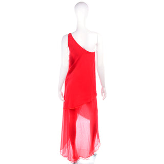 Red 1970s Victor Costa Vintage Chiffon One Shoulder Dress