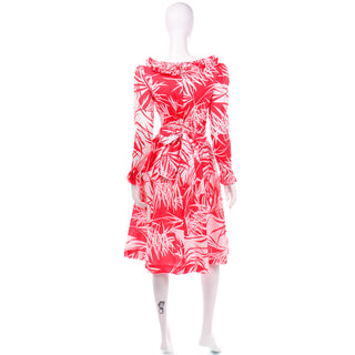 Vintage Victor Costa Red Tropical Print Ruffled Collar Dress 6
