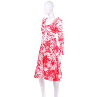 Vintage Victor Costa Red Tropical Print Ruffled Collar Dress 1970s