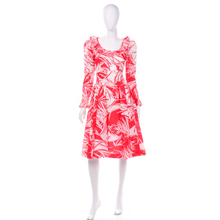 Vintage Victor Costa Red Tropical Print Ruffled Collar Dress Size 8