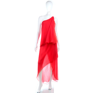 Red Chiffon 1970s Victor Costa Vintage One Shoulder red Dress