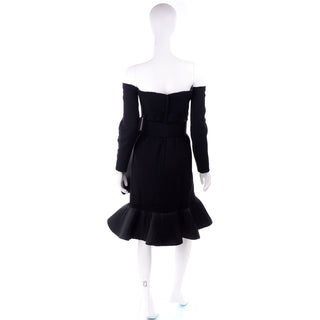 1980s Victor Costa Black Off Shoulder Dress W Pleated Ruffle & Pink Flower