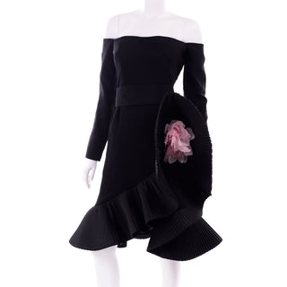 1980s Victor Costa Black Off Shoulder Dress W Pleated Ruffle & Pink Flower
