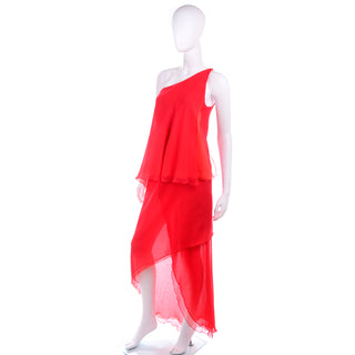 1970s Victor Costa Vintage Chiffon One Shoulder red Dress