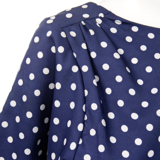Victor Costa Vintage Navy Blue & White Polka Dot Ruffle Dress pleated shoulders