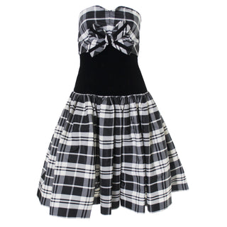 Strapless vintage Victor Costa dress with plaid bow and black velvet
