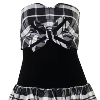 Plaid and velvet black and white victor costa 80's dress with bow 