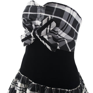 Strapless Victor Costa dress with bow and black and white plaid