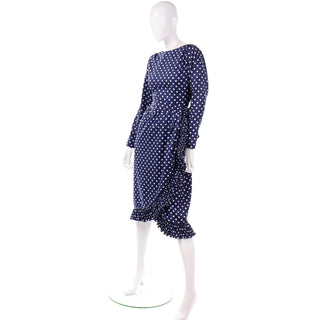 Victor Costa Vintage Navy Blue & White Polka Dot Ruffle Dress With fabric belt