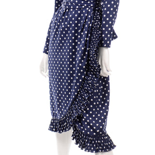 Victor Costa Vintage Navy Blue & White Polka Dot Ruffle Dress Wrap style skirt
