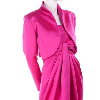 1980's Victor Costa Shocking Pink Strapless Dress W/ Cropped Bolero Jacket