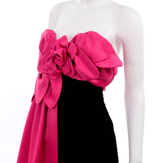 1980s Victor Costa Black Velvet Strapless Evening Dress w Hot Pink Satin
