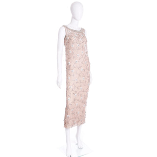 1970s Victoria Royal Beaded Champagne Neutral Evening Dress w beads & sequins